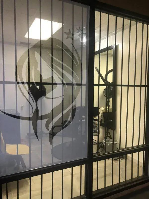 Glass office partition with frosted abstract bird design and metal bars, lit interior behind it
