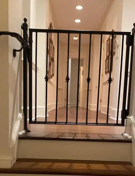 Black metal stair gate at the top of a carpeted staircase in a hallway
