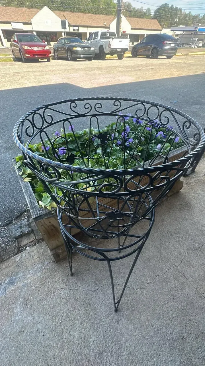 Black metal planter with purple flowers on a sidewalk beside a street and parked cars