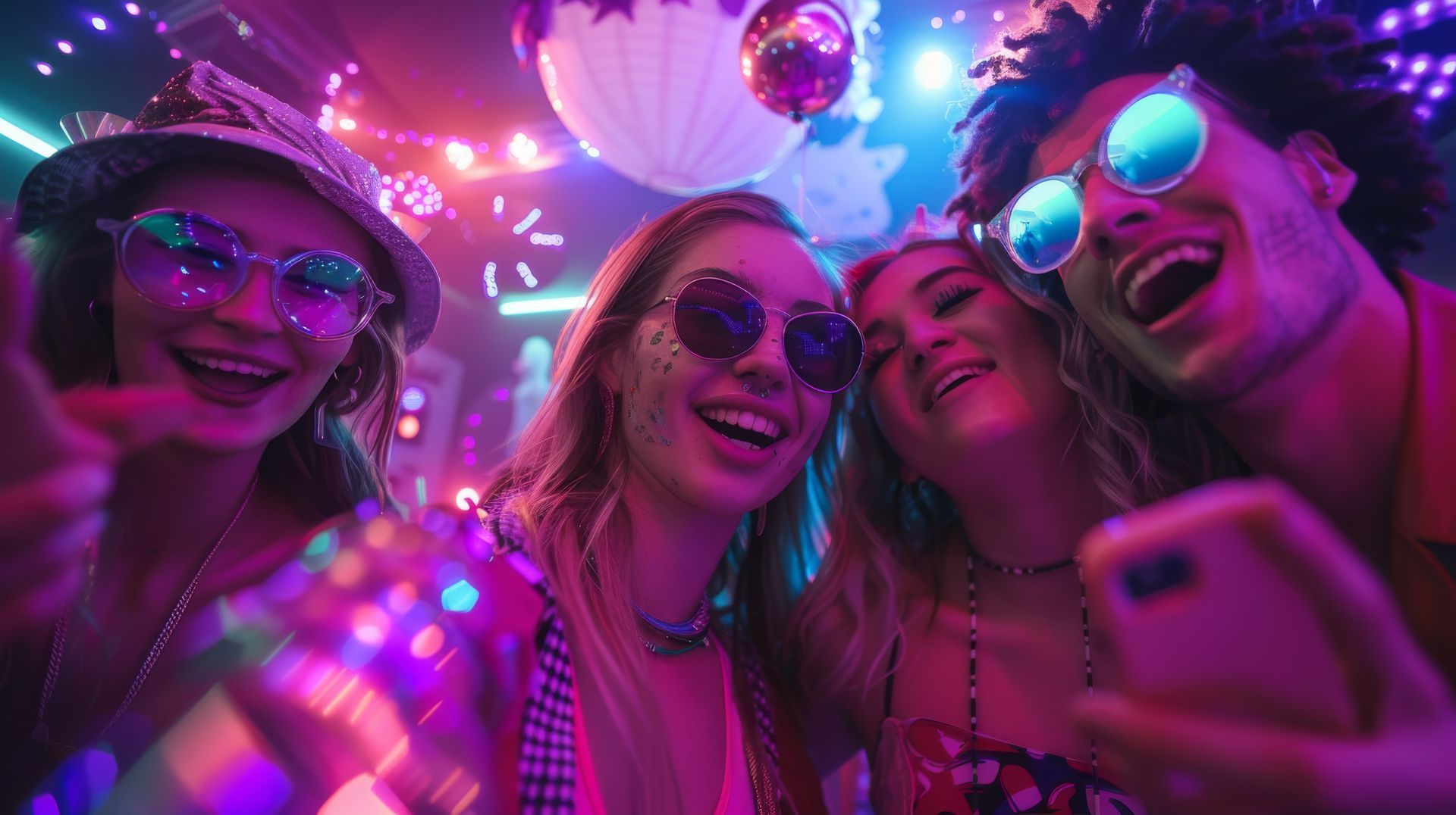 A group of young people are taking a selfie at a party.