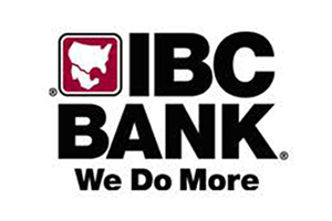 IBC Bank logo: white and red Texas outline in a red square, black 
