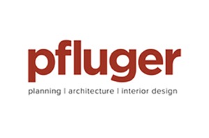 Logo for Pfluger, architecture and design firm; red text on white background.