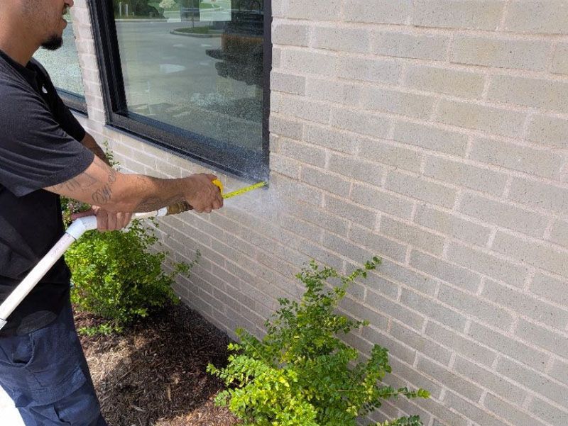 Worker spraying herbicide along brick wall beside window and shrubs