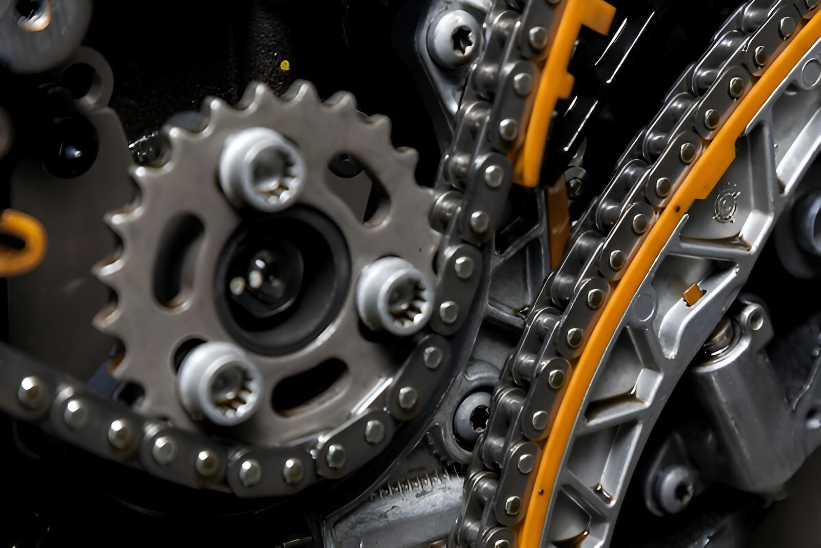 Close-up of a mechanical engine's timing chain and gears, with silver metal parts and a yellow guide. — Mid Coast Bearing Centre in Bulahdelah, NSW