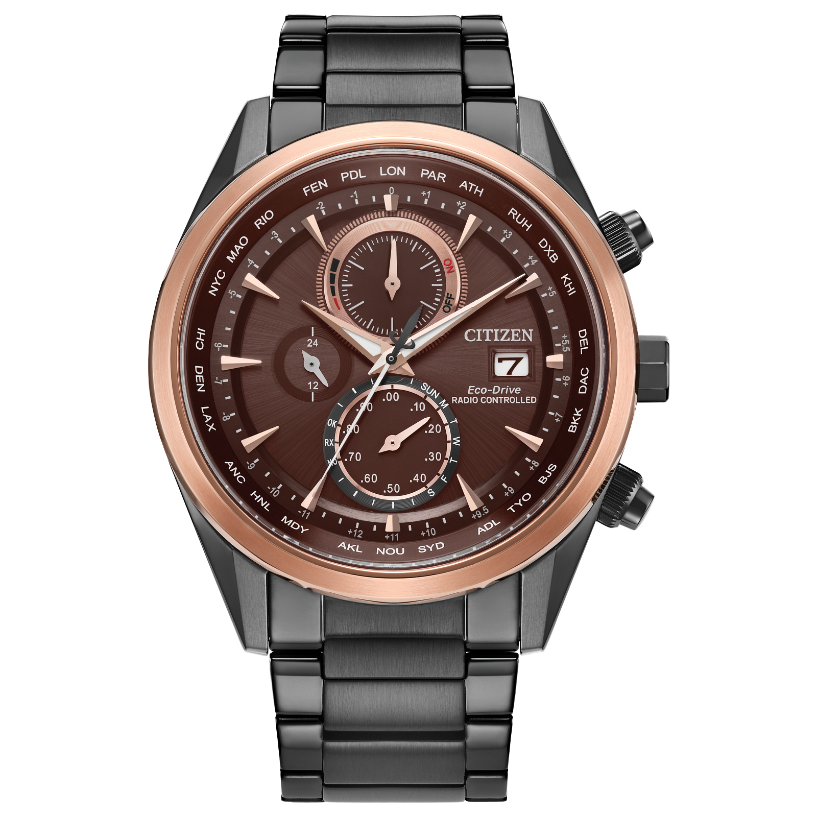 Black and brown Citizen watch with rose gold bezel and bracelet.