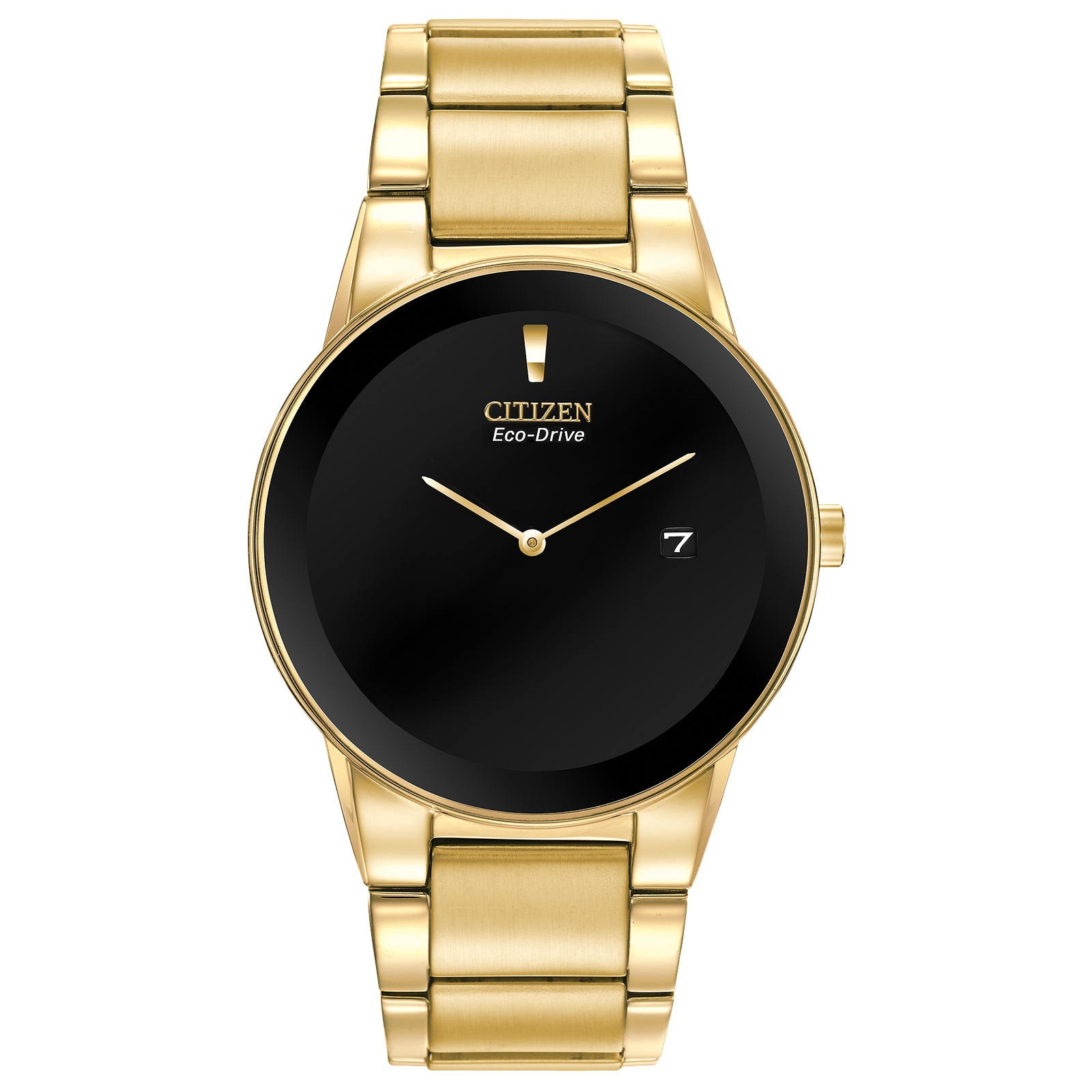 Gold Citizen Eco-Drive watch with a black face and date display.