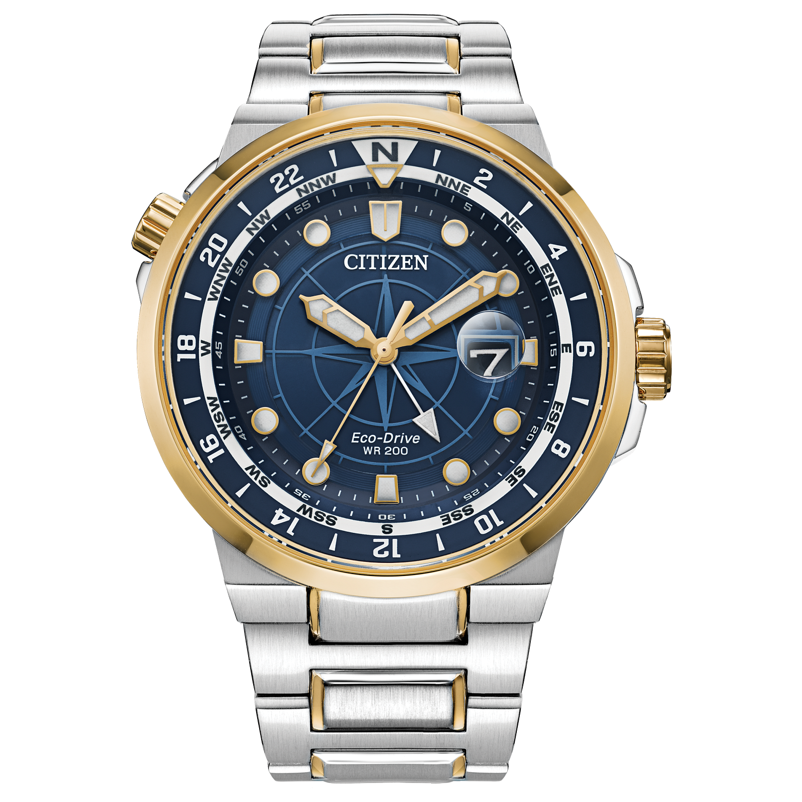 Citizen Eco-Drive watch with a blue face, gold accents, and a silver band.