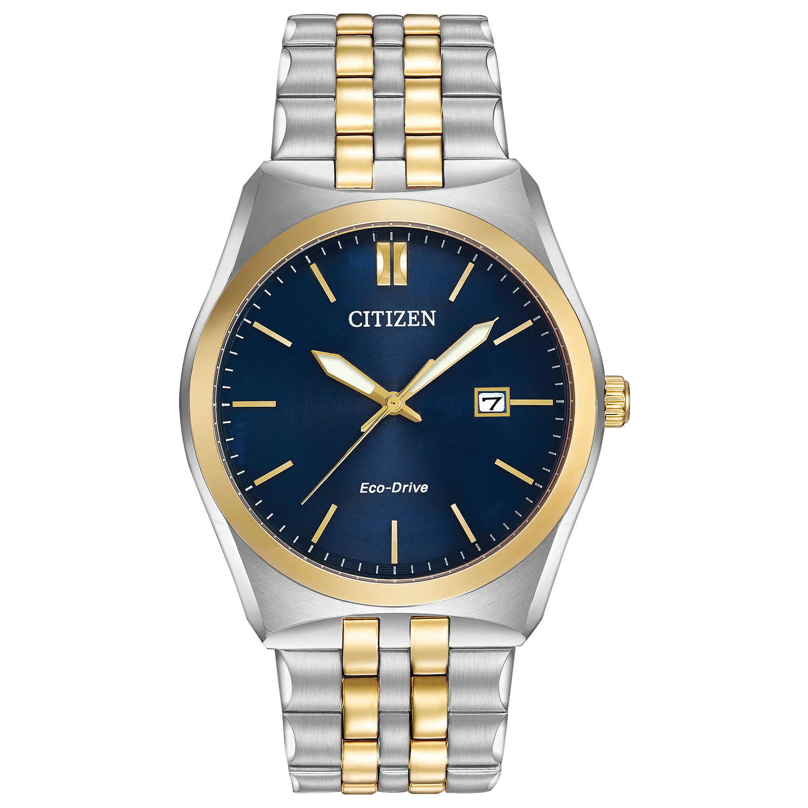 Citizen Eco-Drive watch with a blue face, gold bezel, and two-tone silver/gold band.