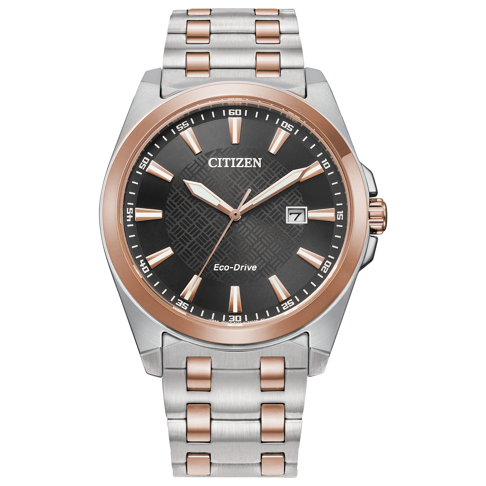 Citizen men's watch with silver and rose gold accents, black face, and date display.