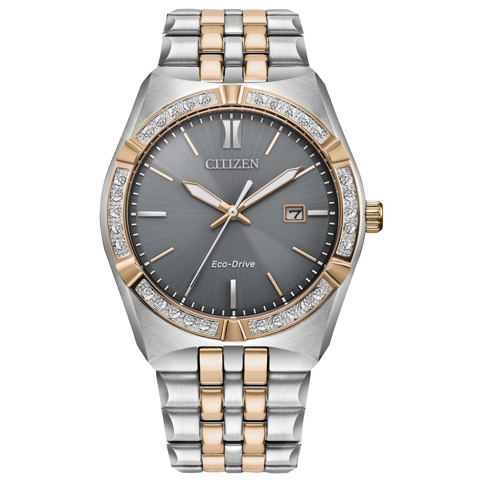 Citizen Eco-Drive women's watch with grey face, diamond bezel, gold accents, and silver band.