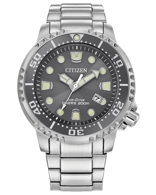 Citizen Eco-Drive dive watch, gray dial, luminous markers, stainless steel bracelet.