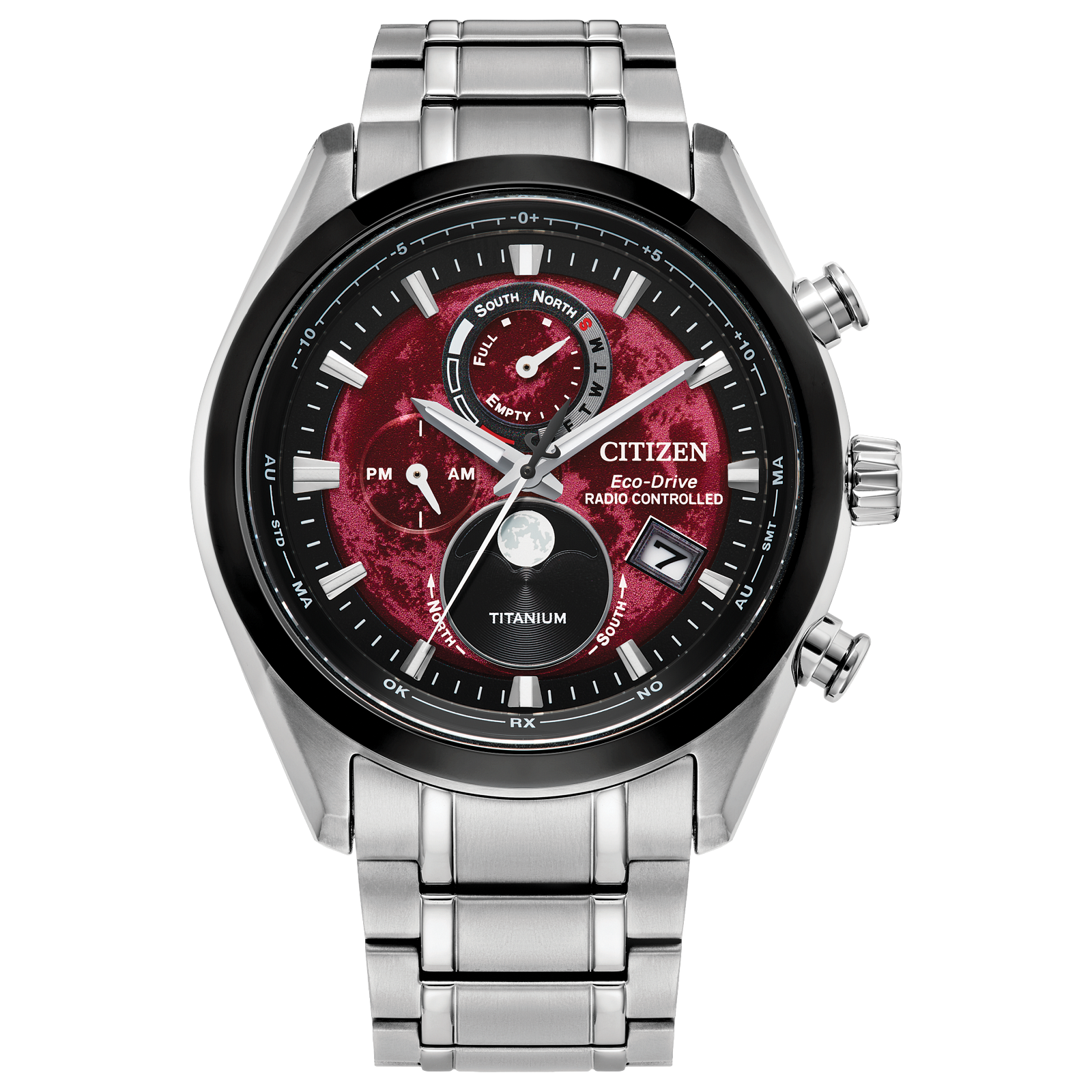Citizen Eco-Drive watch with a red and black face, titanium band, and chronograph features.
