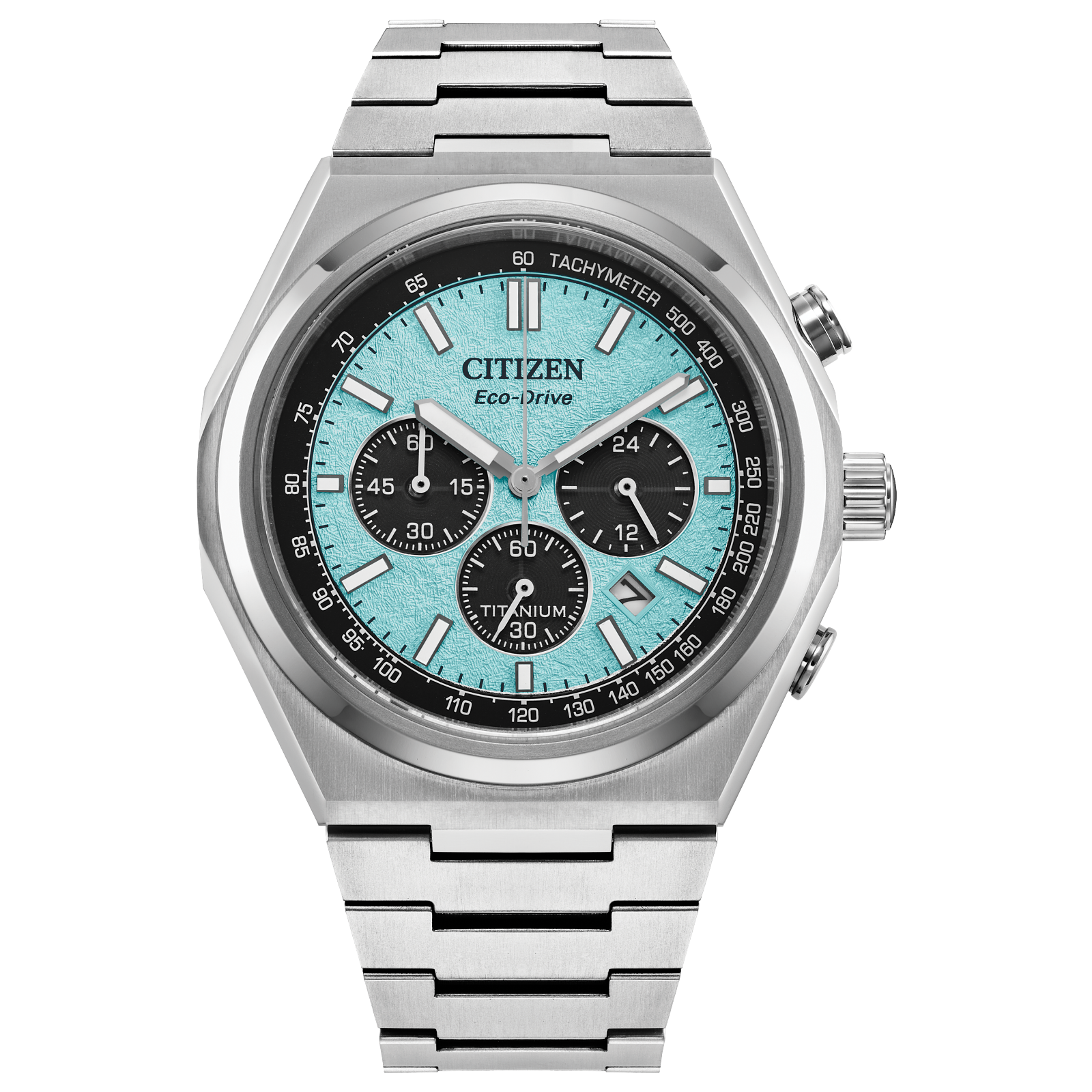 Citizen Eco-Drive chronograph watch with a turquoise face, black sub-dials, and stainless steel bracelet.