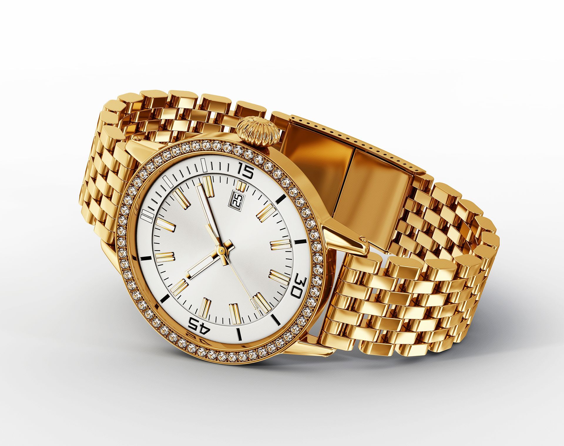 Gold wristwatch with diamond-studded bezel and white face on a white surface.