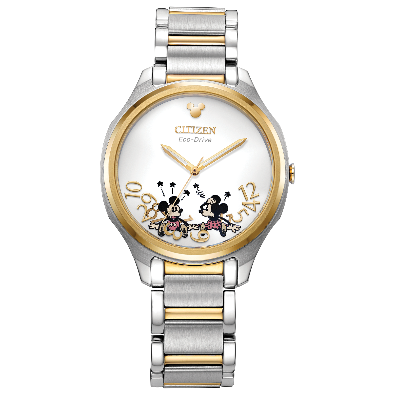 Citizen Eco-Drive women's watch featuring Mickey and Minnie Mouse. Gold and silver accents, white face, and linked band.