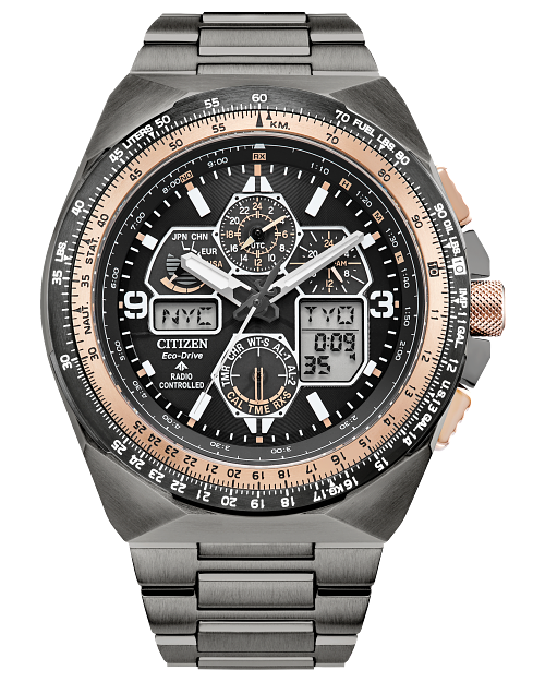 Citizen watch with black dial, rose gold accents, and titanium band.