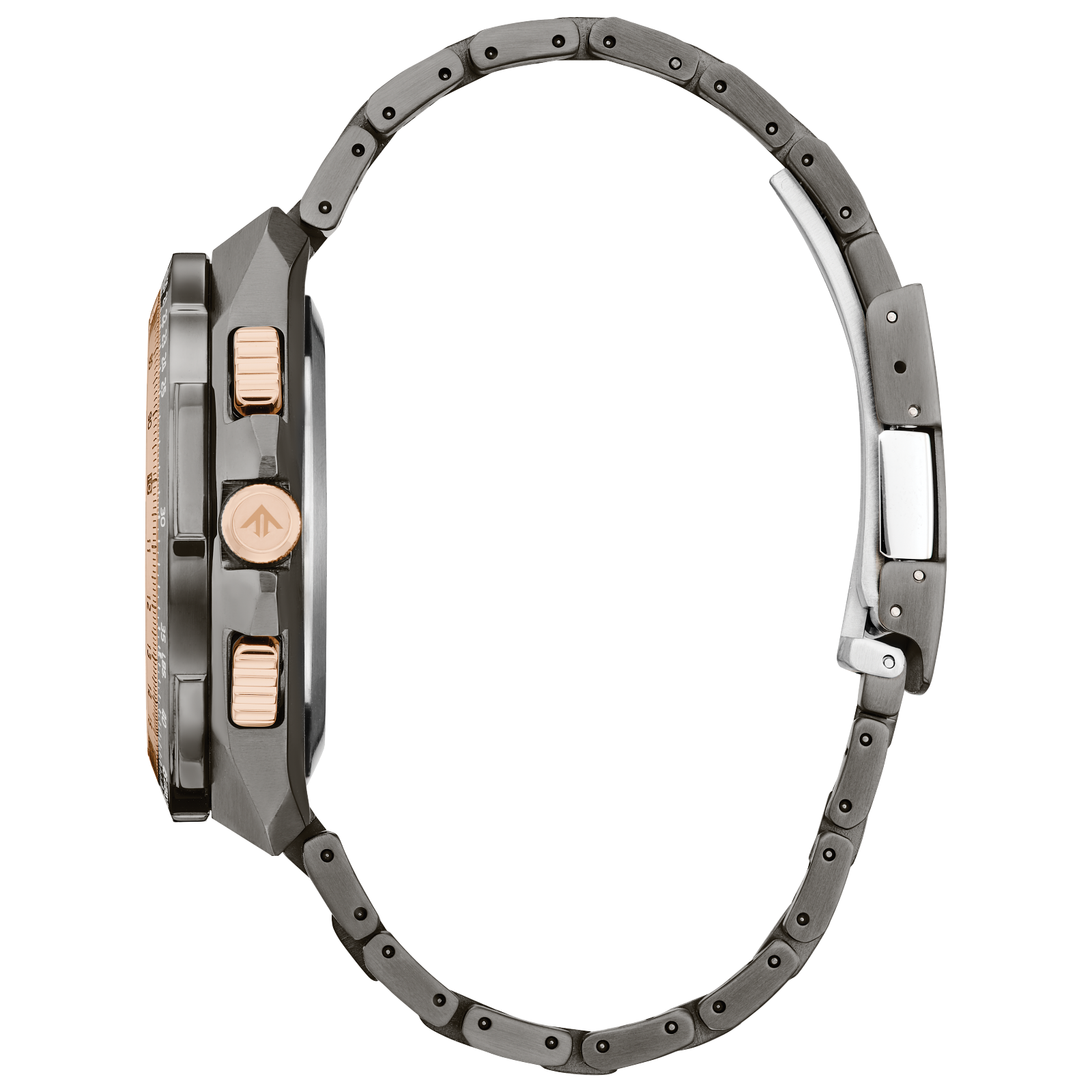 Citizen watch with black dial, rose gold accents, and titanium band.
