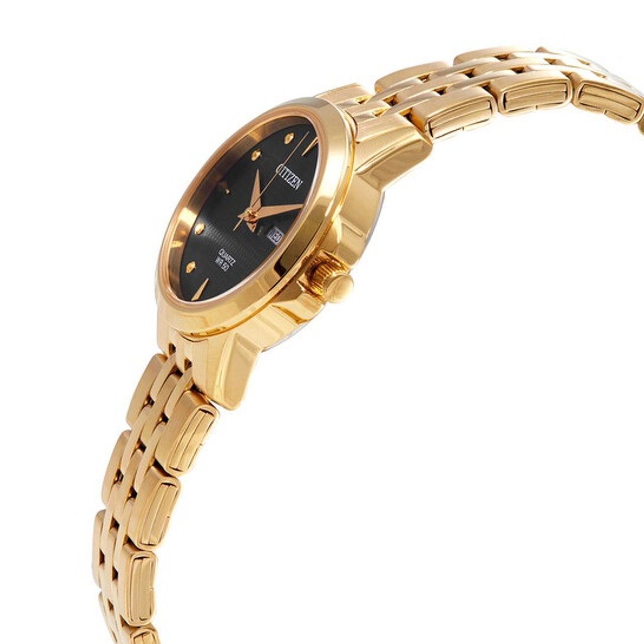 Gold Citizen watch with a black dial and day/date display.