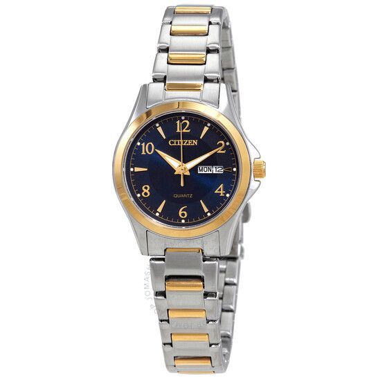 Citizen women's watch with a two-tone steel and gold band, dark blue face, gold bezel, and day/date display.