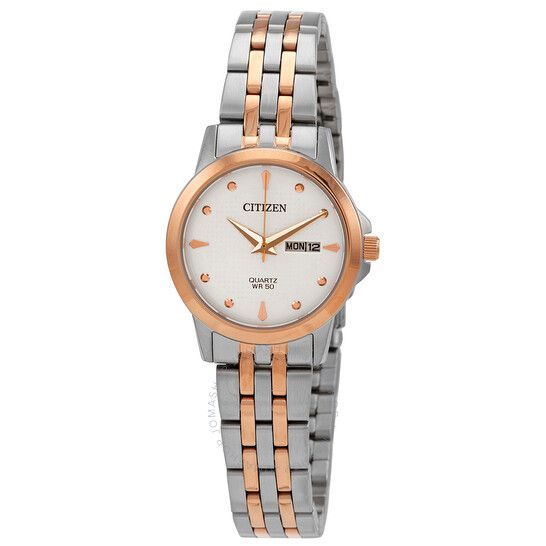 Citizen women's watch with silver and rose gold band and white face. Day and date window.