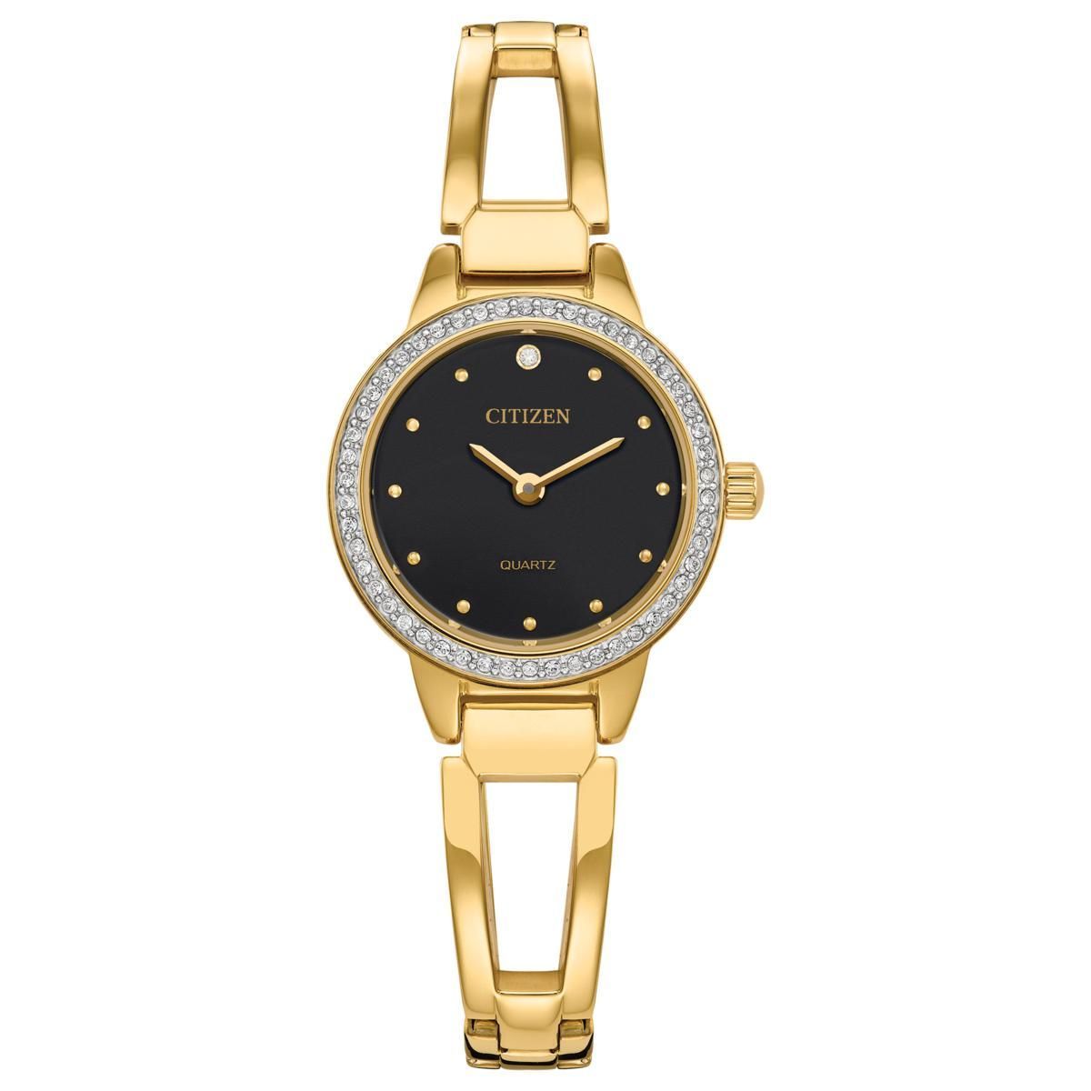 Gold Citizen women's watch with a black dial, diamond bezel, and matching bracelet.