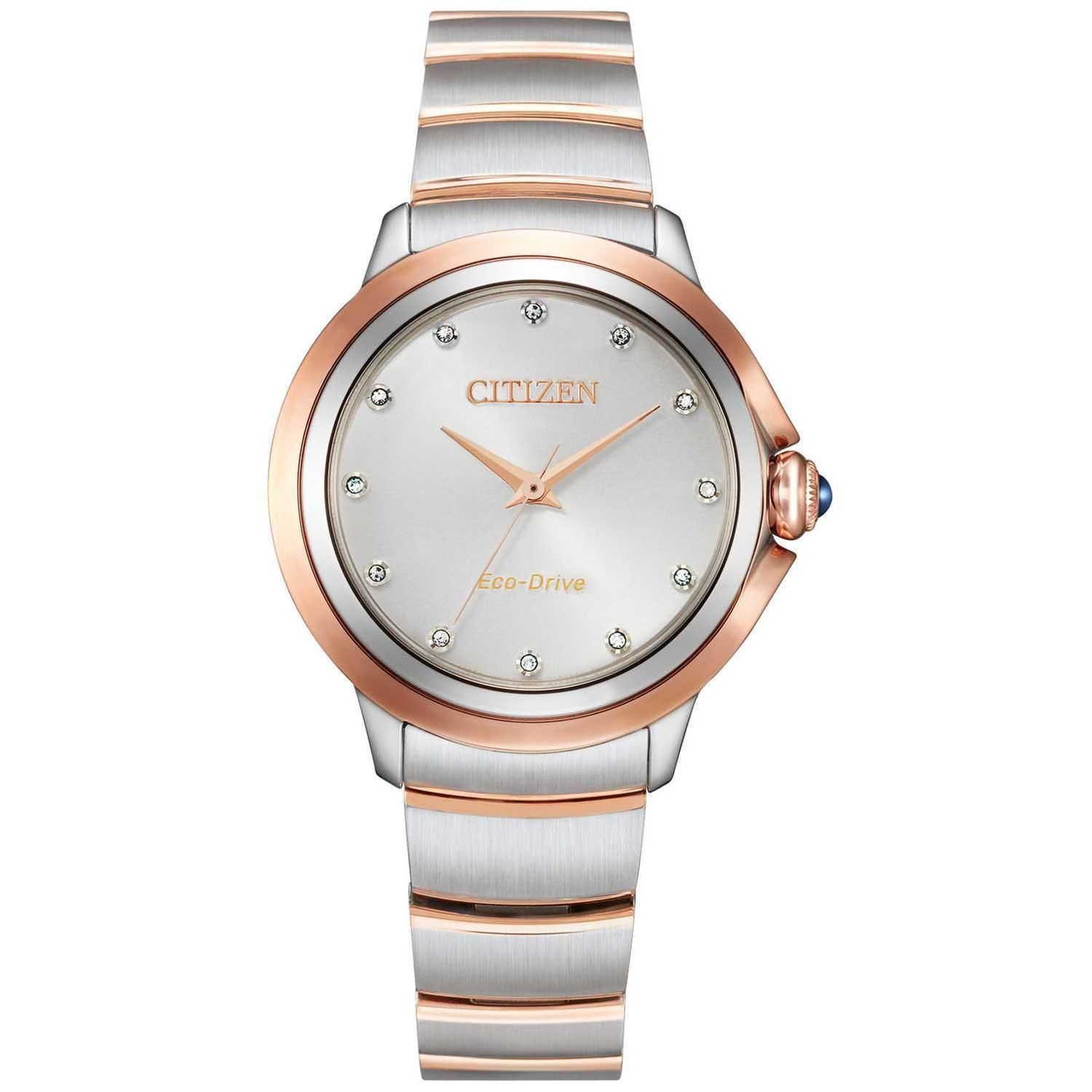Citizen Eco-Drive women's watch with silver dial, diamond markers, rose gold accents, and a silver/rose gold band.
