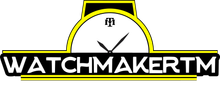 Logo: yellow watch face with black hands, above the text 