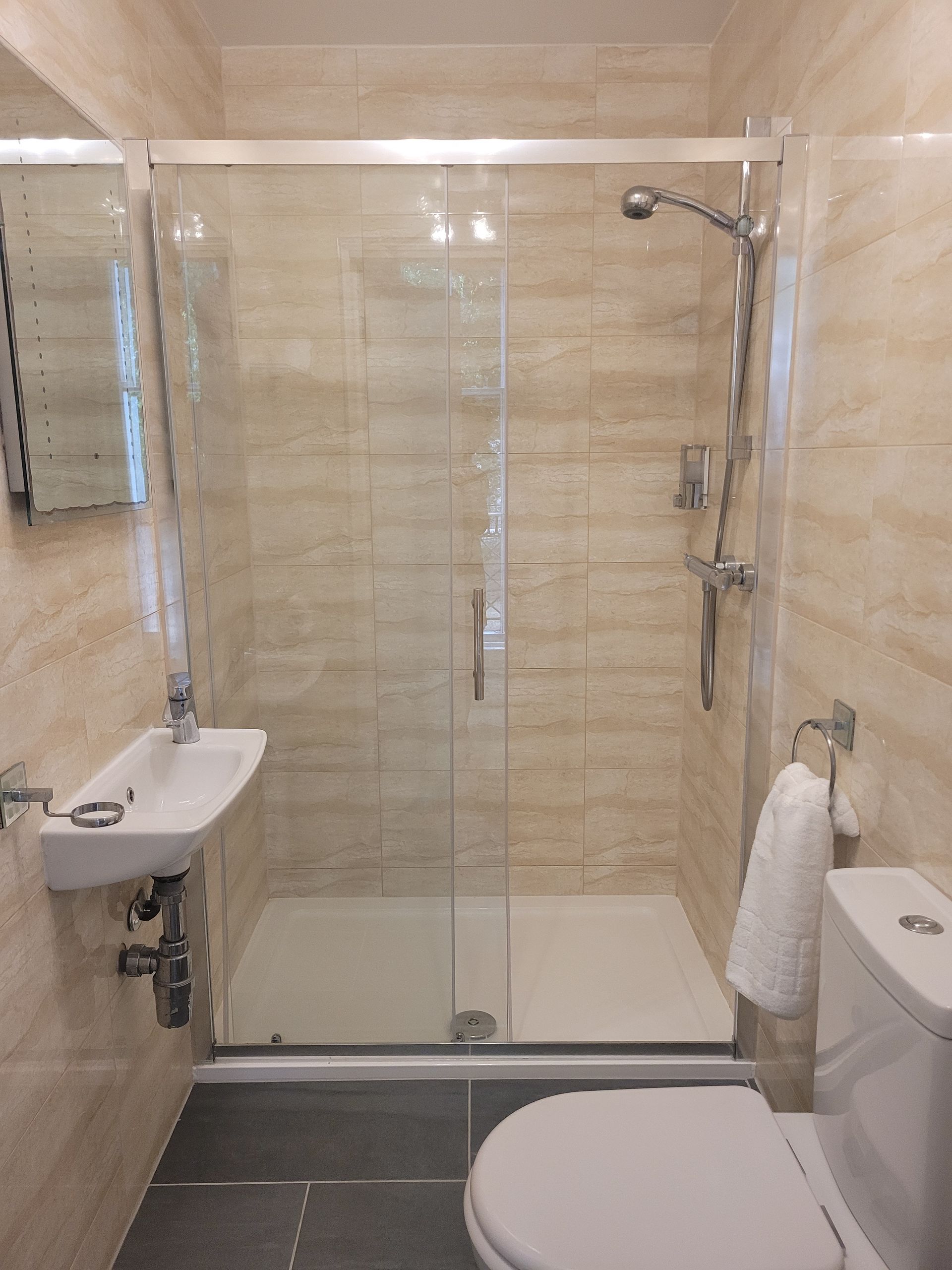 A bathroom with a toilet a sink and a shower