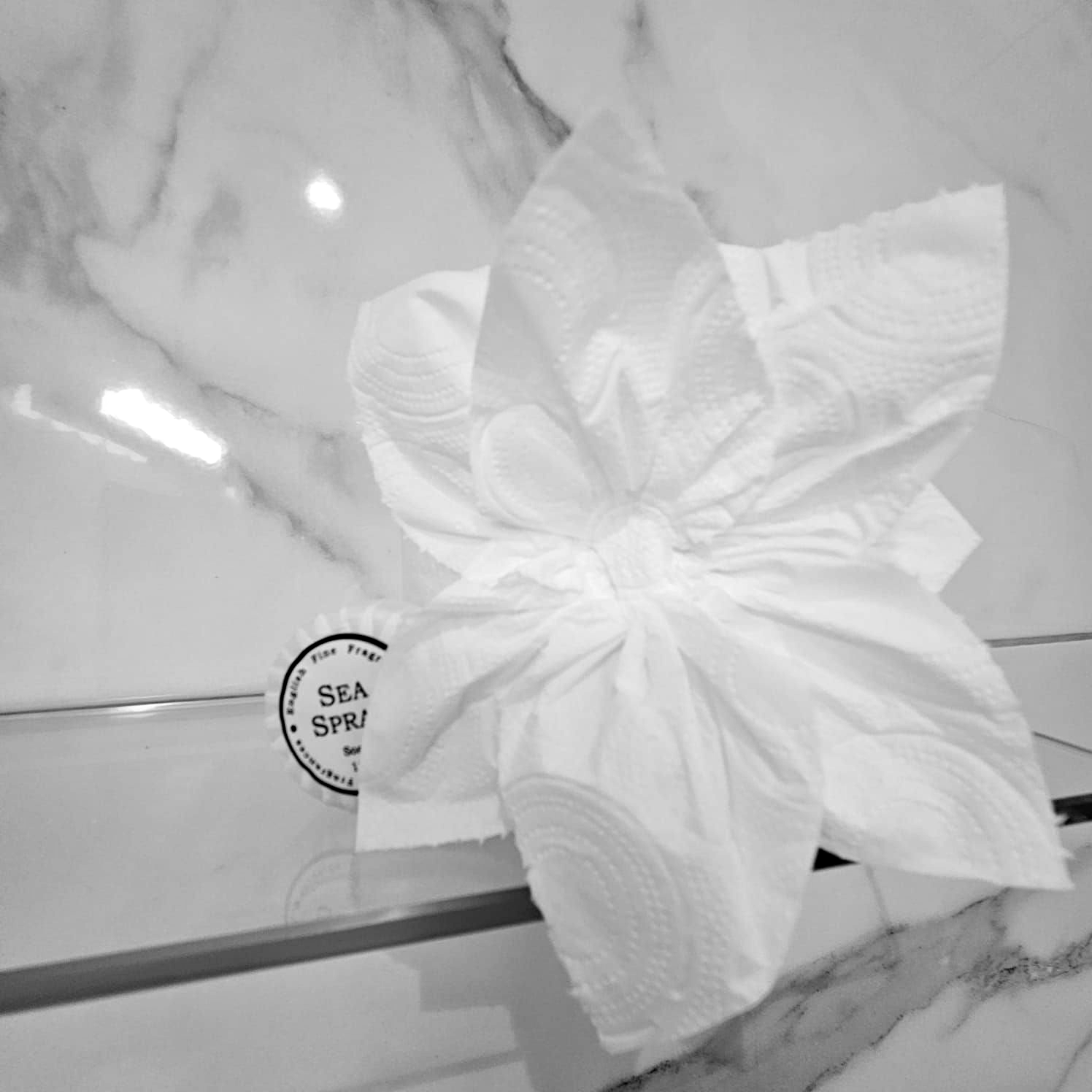A white flower is sitting on a glass shelf next to a sign that says sea spa