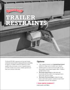 Brochure cover showing a trailer restraint device mounted to a dock, titled “Trailer Restraints”