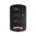 Black key fob remote with three buttons and a red logo on a white background