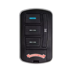 Black key fob remote with three buttons and a red logo on a white background