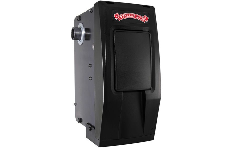 Black outdoor HVAC unit with a front vent and red logo on top.