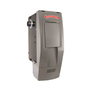 Gray wall-mounted hand dryer with red logo and front cover, shown on a white background