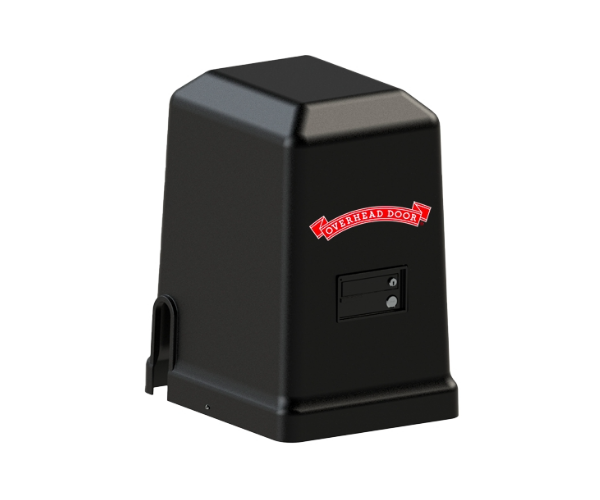 Black automatic gate opener motor with red logo on a white background
