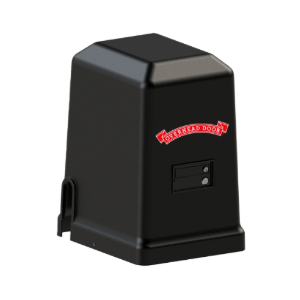 Black automatic gate opener with red logo on a white background