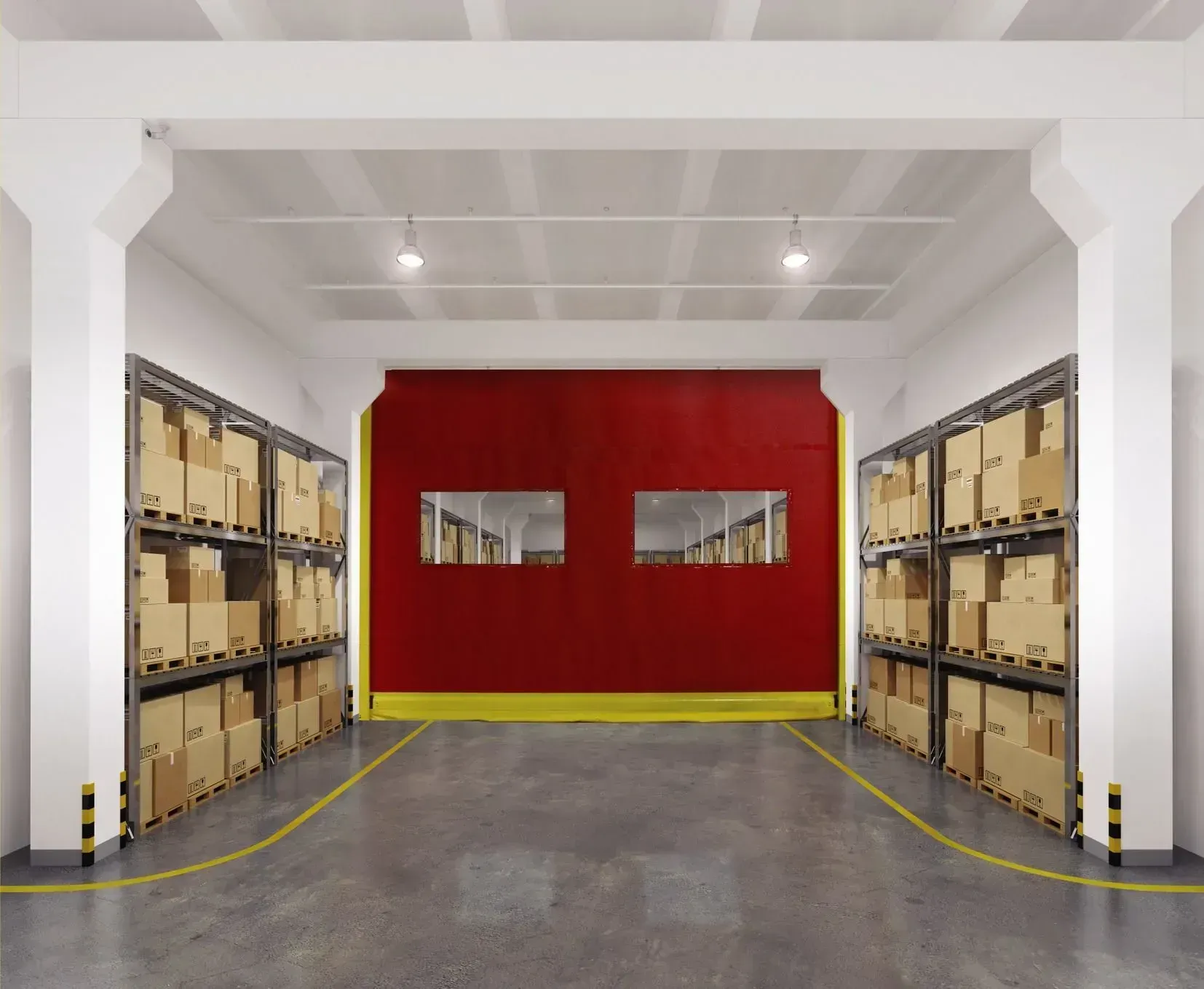 Warehouse aisle with stacked boxes on shelves and a red wall with two windows at the back