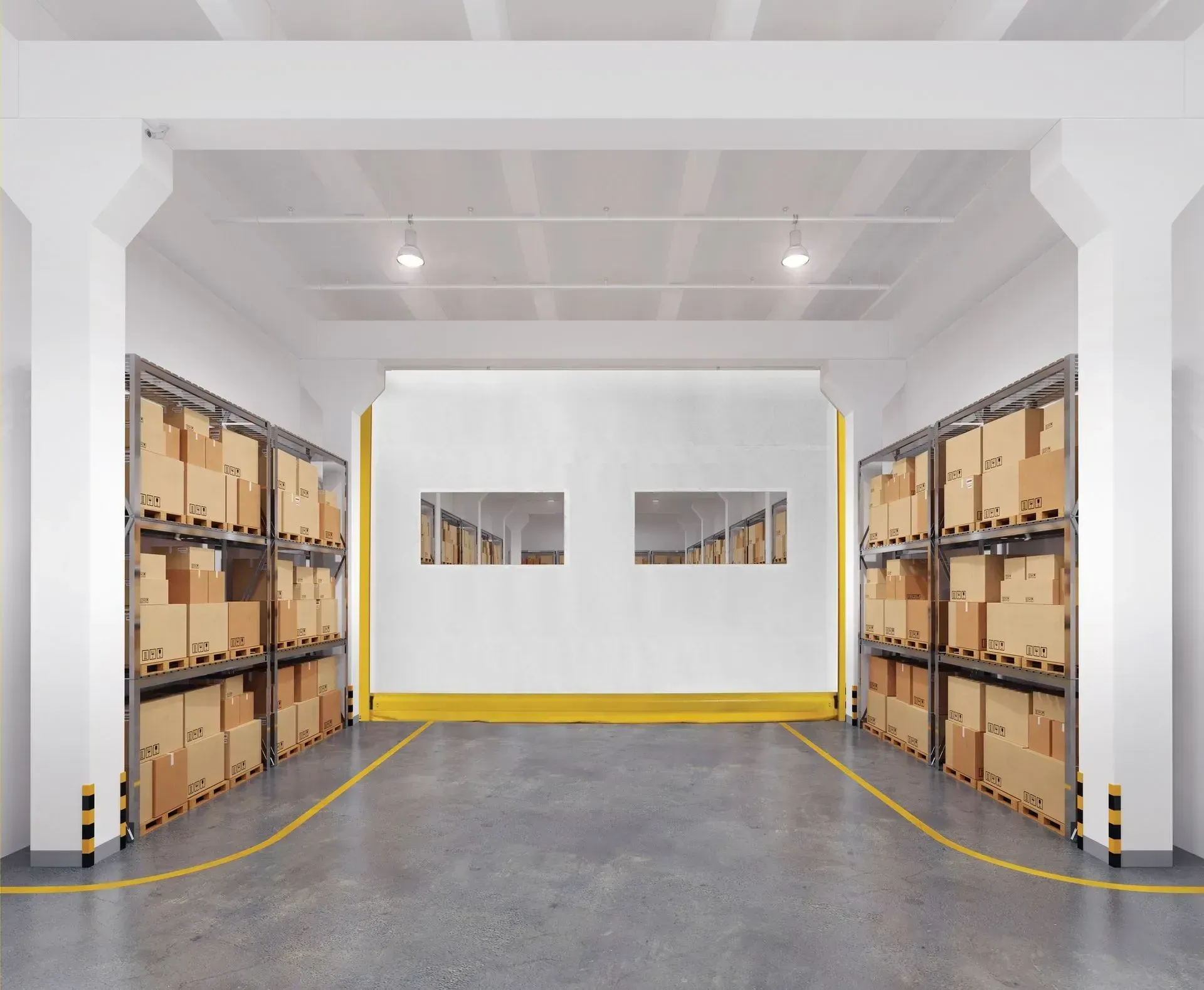 Warehouse aisle with stacked cardboard boxes on shelves and a white wall with windows at the end