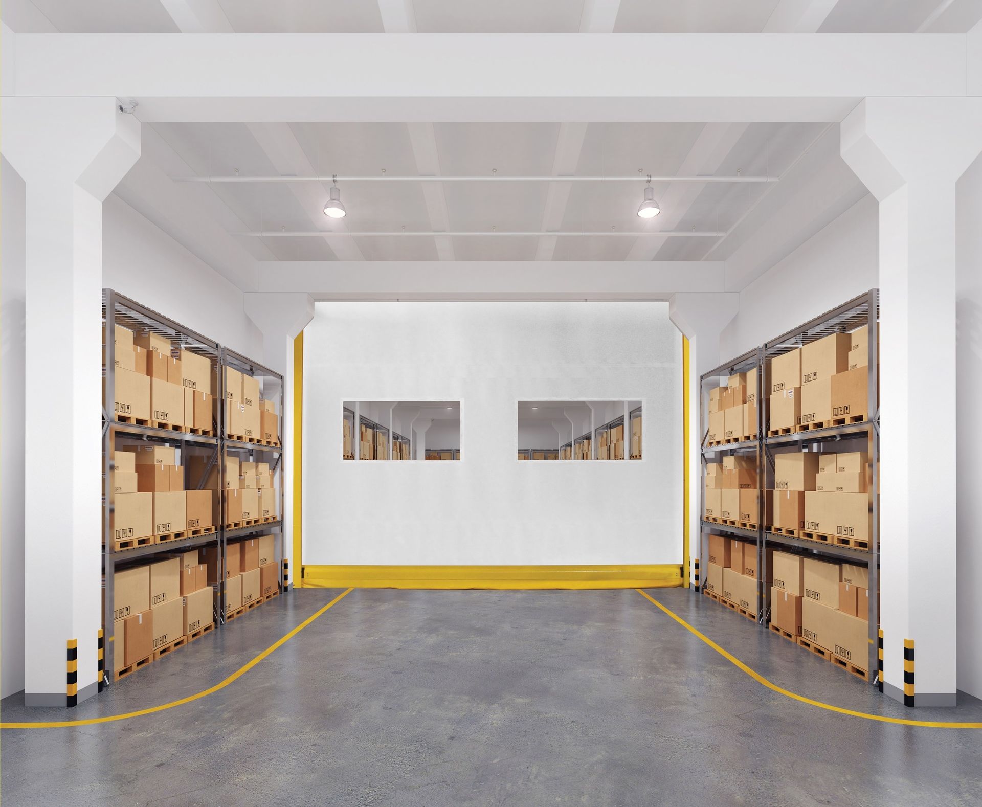 Warehouse aisle with stacked cardboard boxes on shelves and a white wall with windows at the end