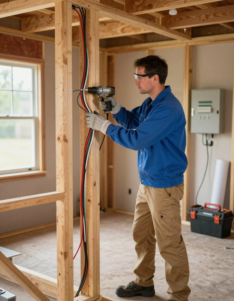 Electrician installing electrical wiring inside a backyard ADU in Huntington Beach