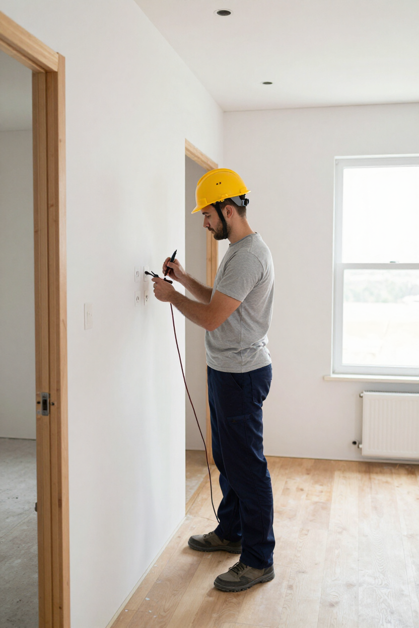 Electrician wiring outlets inside a newly built ADU interior