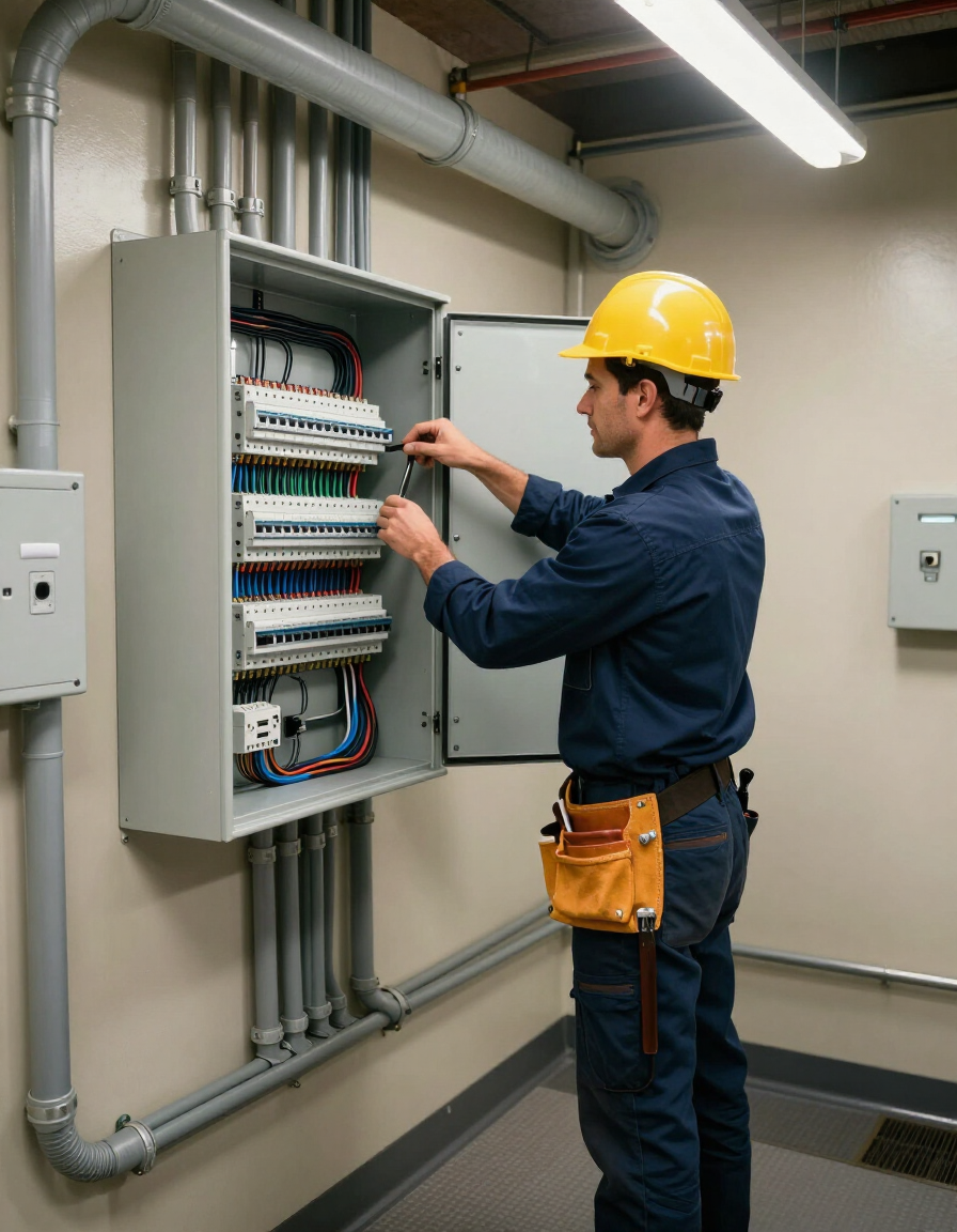 Electrician installing a commercial electrical panel