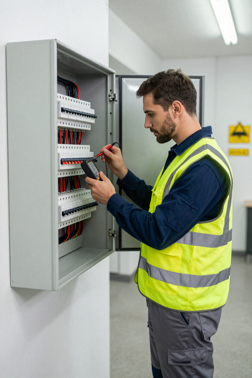Electrician testing a commercial circuit breaker panel