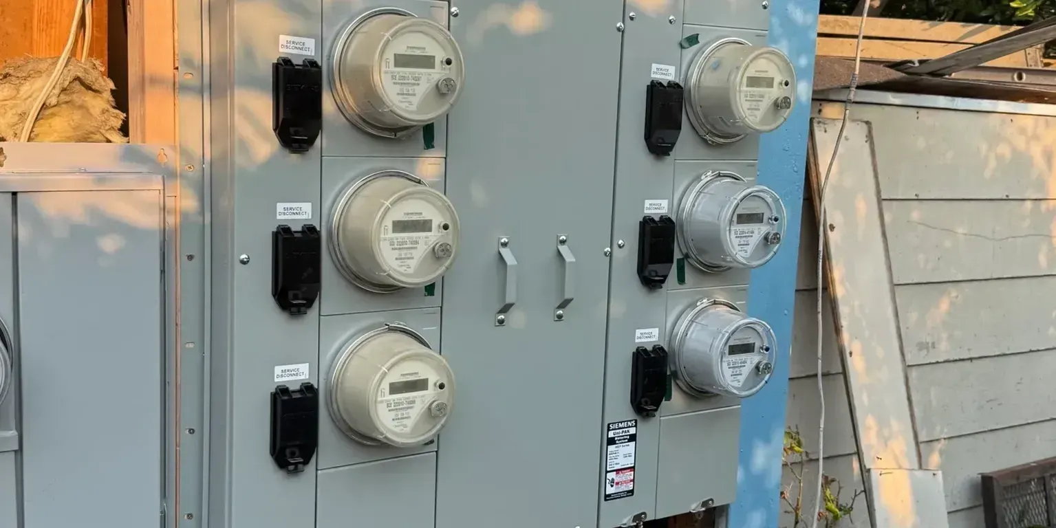 Utility electrical meter boxes mounted on a wall outdoors, with multiple round meter dials and black switches