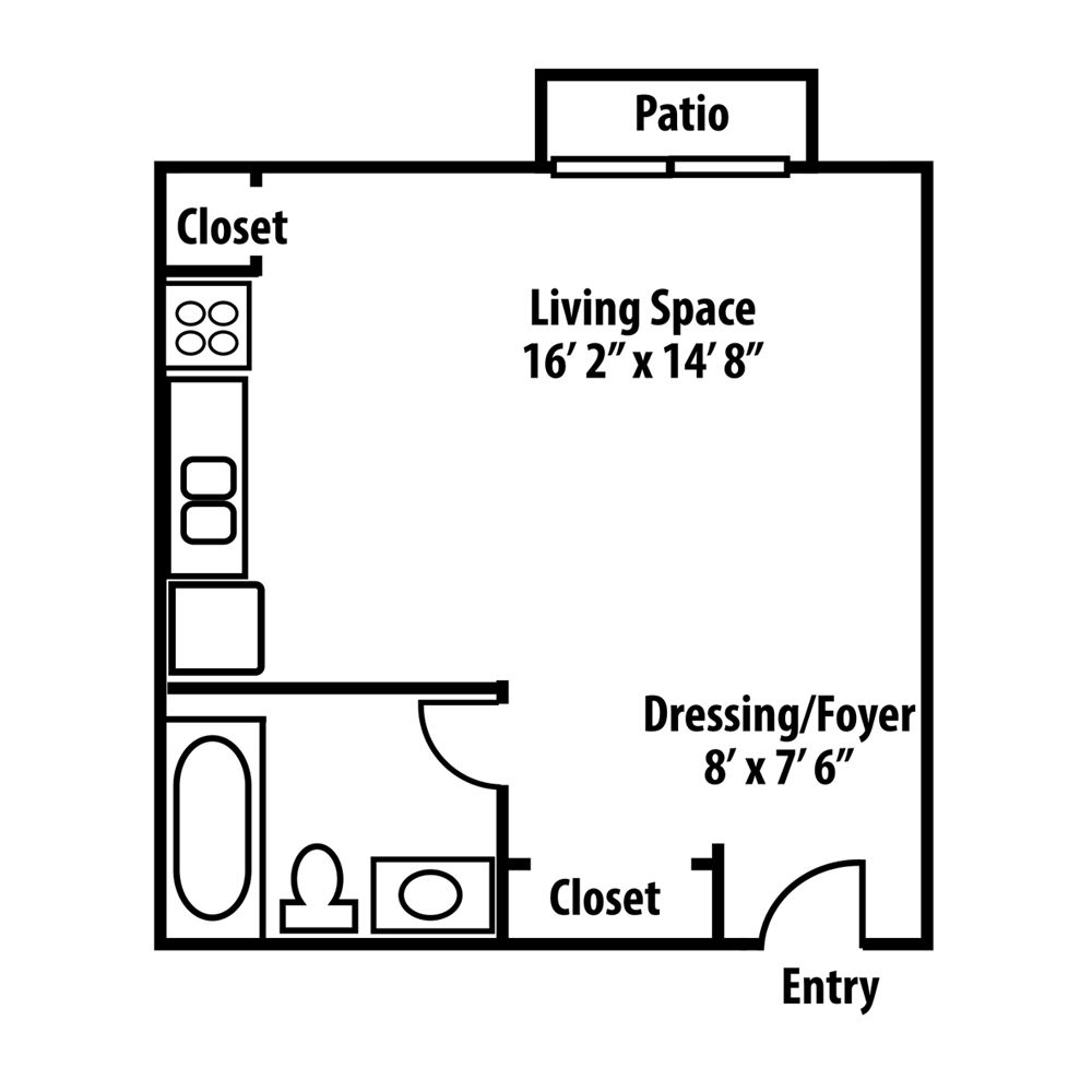 Floor plan of a studio apartment with living space, dressing/foyer, patio, closet, entry, and kitchen.