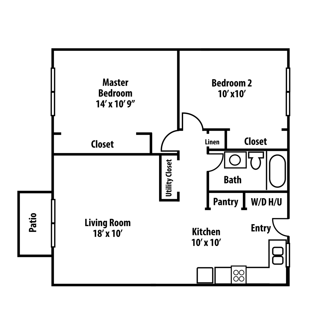 Floor plan of a two-bedroom apartment. Includes living room, kitchen, two bedrooms, bathroom, and patio.