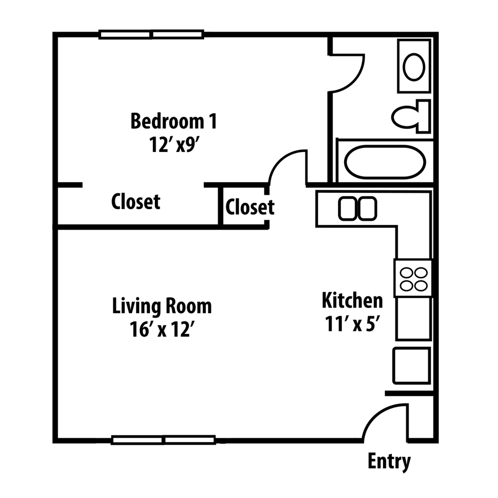 Floor plan of an apartment: one bedroom, living room, kitchen, and bathroom.