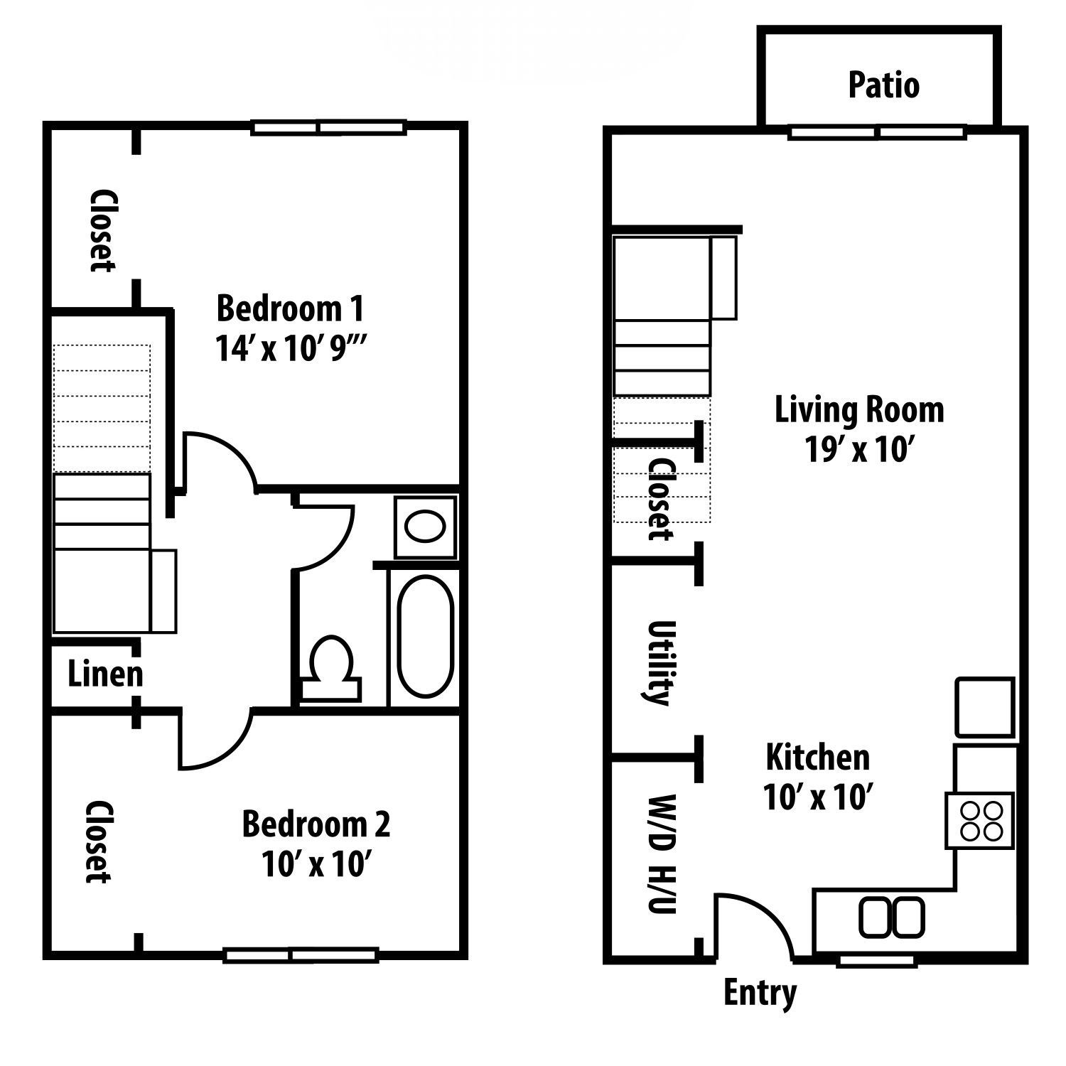 Floor plan of a two-story apartment with two bedrooms, living room, kitchen, and patio.