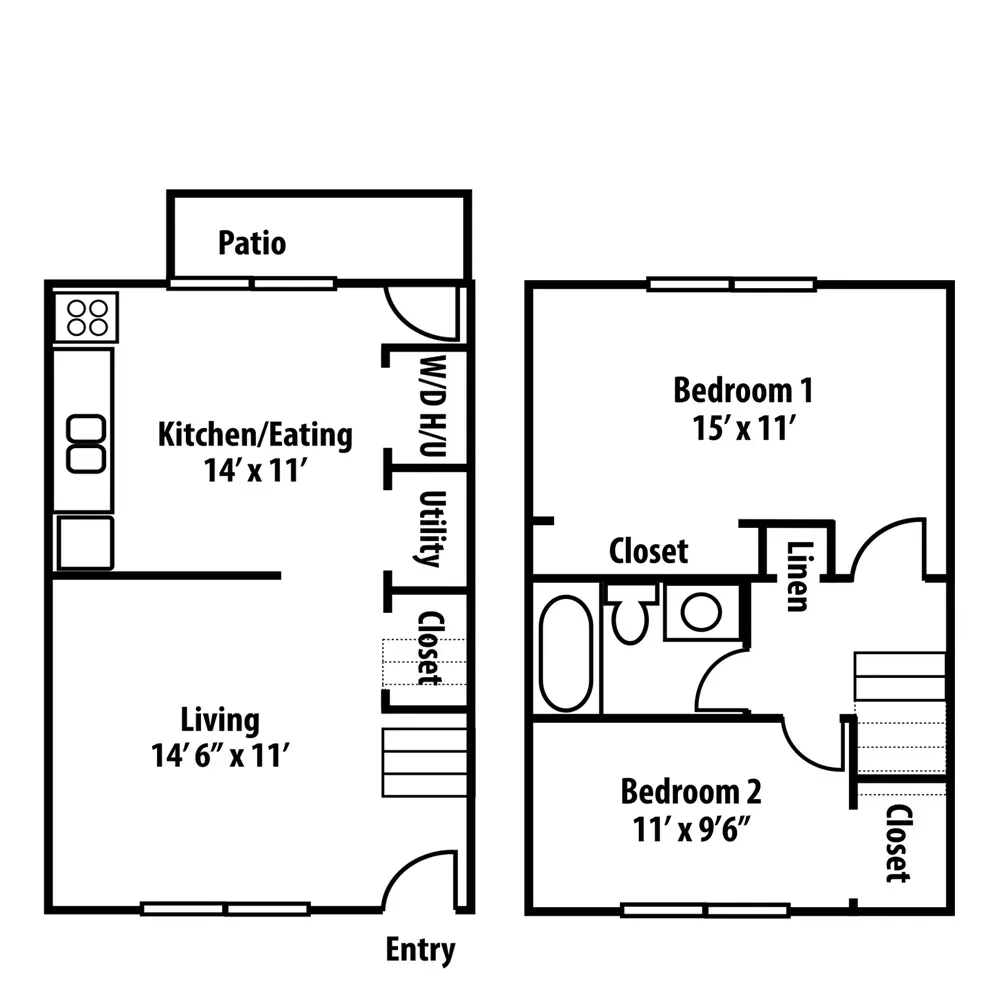 Floor plan of an apartment: two bedrooms, living room, kitchen, and bathroom.
