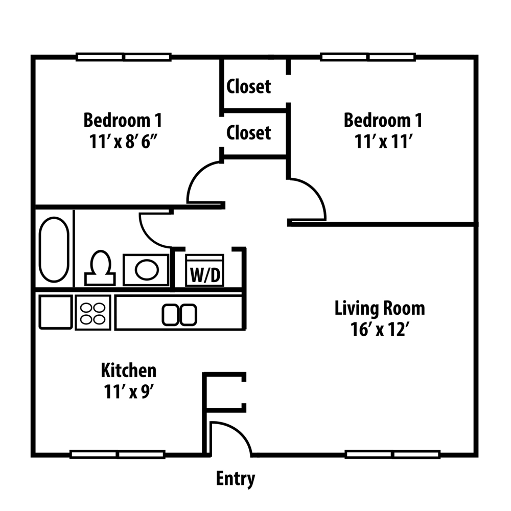 Floor plan of a two-bedroom apartment. Includes kitchen, living room, and a bathroom with laundry.